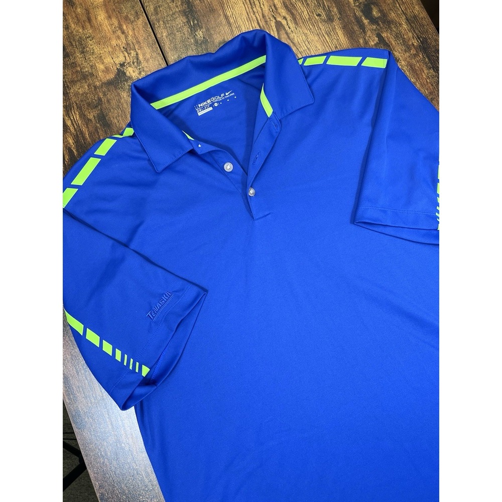 Nike Golf Mens M Dri-FIT Polo Shirt Blue Neon Green Stripe Short Sleeve Golf